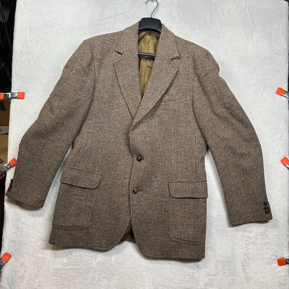 Vintage Wool Tweed Blazer Men's Brown Houndstooth 2 Button Sports Coat Classic
